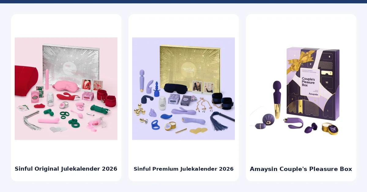 Tre sexjulekalendere og adventsbokse fra ranglisten side om side: Sinful Original Julekalender 2026, Sinful Premium Julekalender 2026 og Amaysin Couple's Pleasure Box